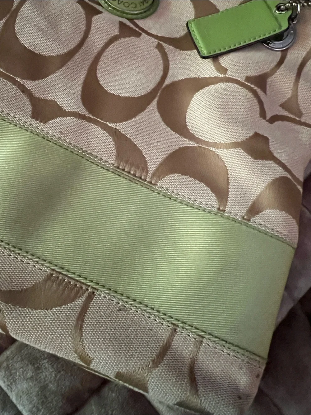 Coach Khaki Signature Crossbody with Lime Trim
